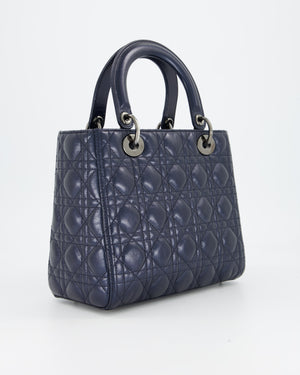 Christian Dior Medium Lady Dior Bag in Metallic Deep Blue Crinkled Lambskin Leather with Ruthenium Hardware