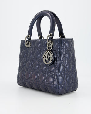 Christian Dior Medium Lady Dior Bag in Metallic Deep Blue Crinkled Lambskin Leather with Ruthenium Hardware