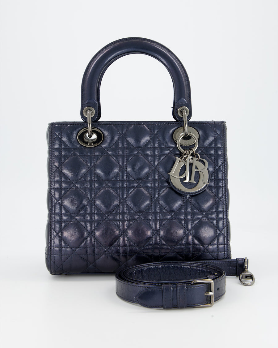 Christian Dior Medium Lady Dior Bag in Metallic Deep Blue Crinkled Lambskin Leather with Ruthenium Hardware