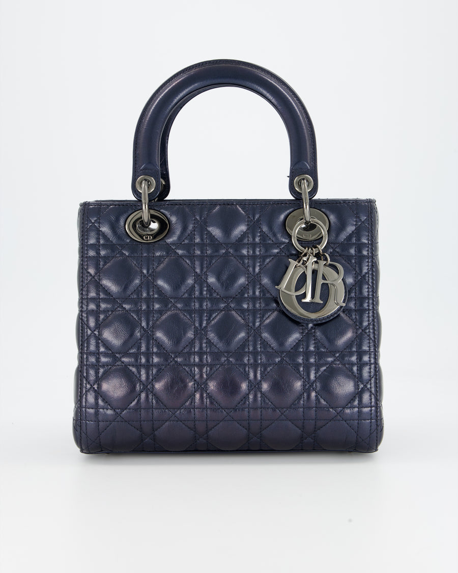 Christian Dior Medium Lady Dior Bag in Metallic Deep Blue Crinkled Lambskin Leather with Ruthenium Hardware