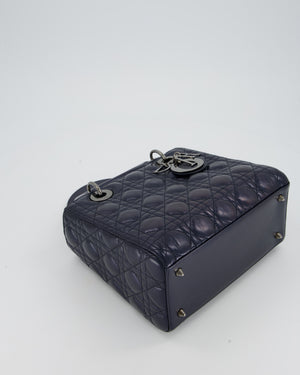 Christian Dior Medium Lady Dior Bag in Metallic Deep Blue Crinkled Lambskin Leather with Ruthenium Hardware
