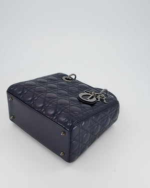 Christian Dior Medium Lady Dior Bag in Metallic Deep Blue Crinkled Lambskin Leather with Ruthenium Hardware