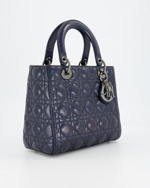 Christian Dior Medium Lady Dior Bag in Metallic Deep Blue Crinkled Lambskin Leather with Ruthenium Hardware