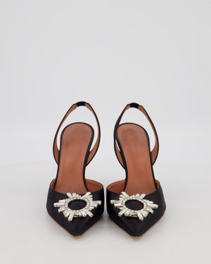 Amina Muaddi Begum Slingback Pumps in Black Satin with Crystal Embellishment Size EU 39.5