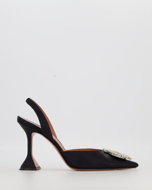 Amina Muaddi Begum Slingback Pumps in Black Satin with Crystal Embellishment Size EU 39.5