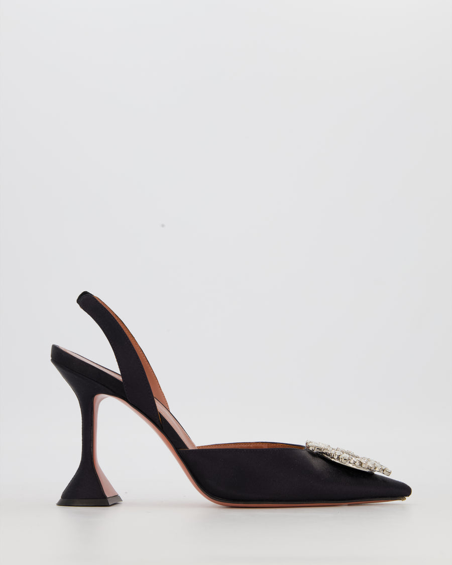 Amina Muaddi Begum Slingback Pumps in Black Satin with Crystal Embellishment Size EU 39.5