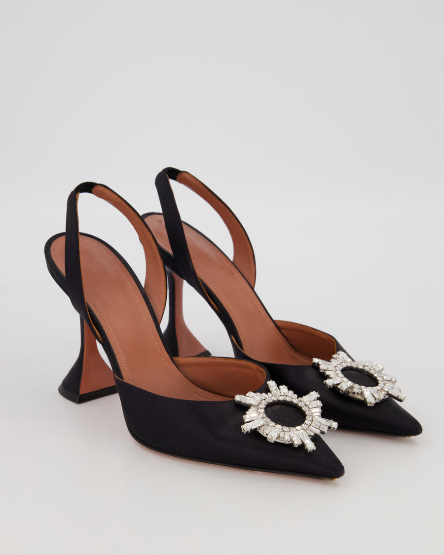 Amina Muaddi Begum Slingback Pumps in Black Satin with Crystal Embellishment Size EU 39.5