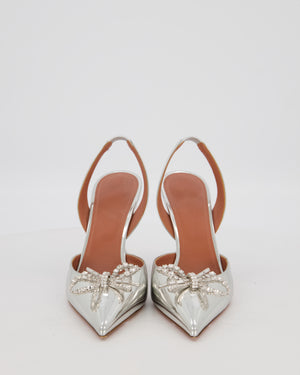 Amina Muaddi Silver Rosie Crystal Bow Slingback Pumps Size EU 40