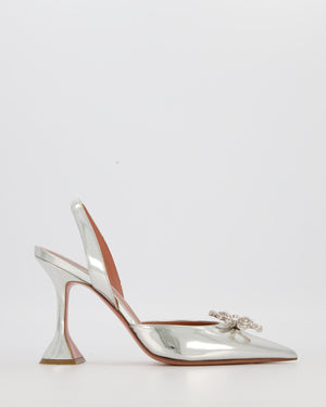 Amina Muaddi Silver Rosie Crystal Bow Slingback Pumps Size EU 40