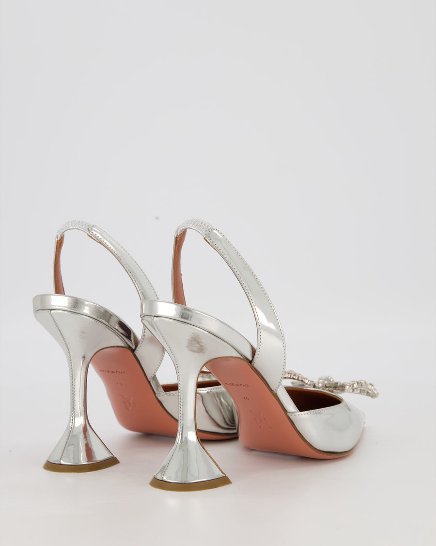 Amina Muaddi Silver Rosie Crystal Bow Slingback Pumps Size EU 40