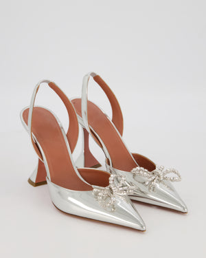 Amina Muaddi Silver Rosie Crystal Bow Slingback Pumps Size EU 40