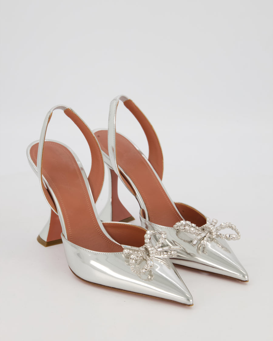 Amina Muaddi Silver Rosie Crystal Bow Slingback Pumps Size EU 40