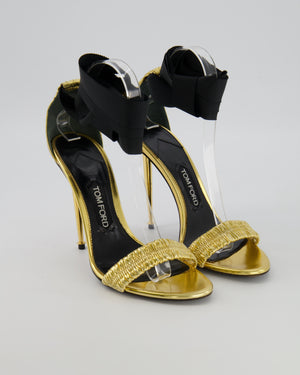 Tom Ford Metallic Gold Ruched Strap Heeled Sandals with Black Ankle Ribbon Detail Size EU 39