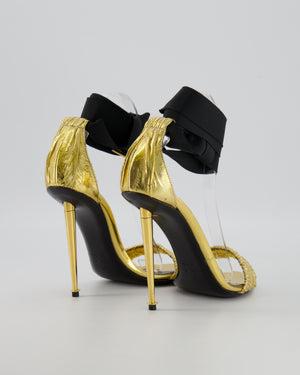 Tom Ford Metallic Gold Ruched Strap Heeled Sandals with Black Ankle Ribbon Detail Size EU 39