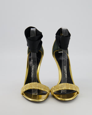 Tom Ford Metallic Gold Ruched Strap Heeled Sandals with Black Ankle Ribbon Detail Size EU 39