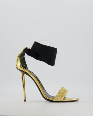 Tom Ford Metallic Gold Ruched Strap Heeled Sandals with Black Ankle Ribbon Detail Size EU 39