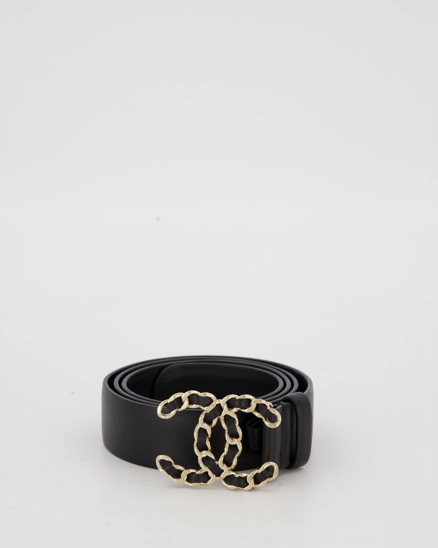 Chanel Black Leather Belt with Champagne Gold CC Chain Logo Buckle Size 85cm