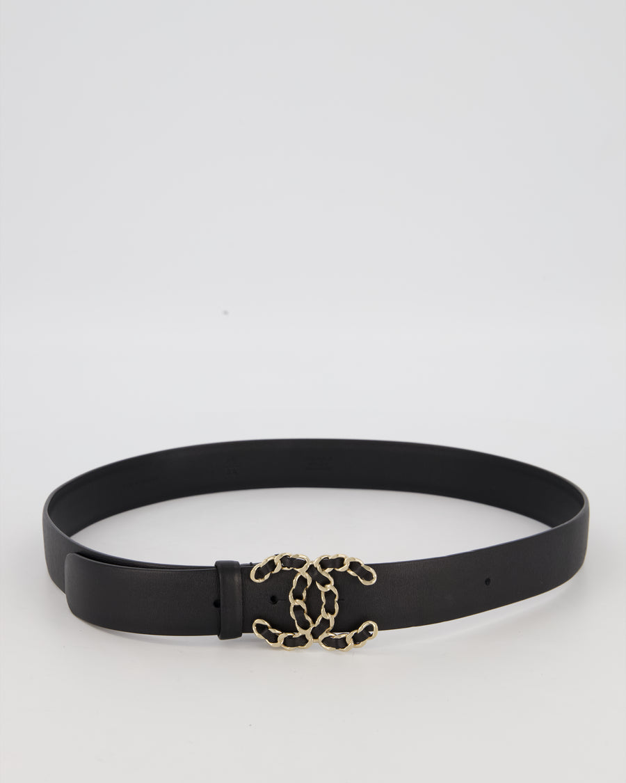 Chanel Black Leather Belt with Champagne Gold CC Chain Logo Buckle Size 85cm