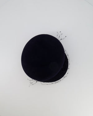 Christian Dior Navy Rabbit Hair Hat with Black Parisian Veil Detail Size 57