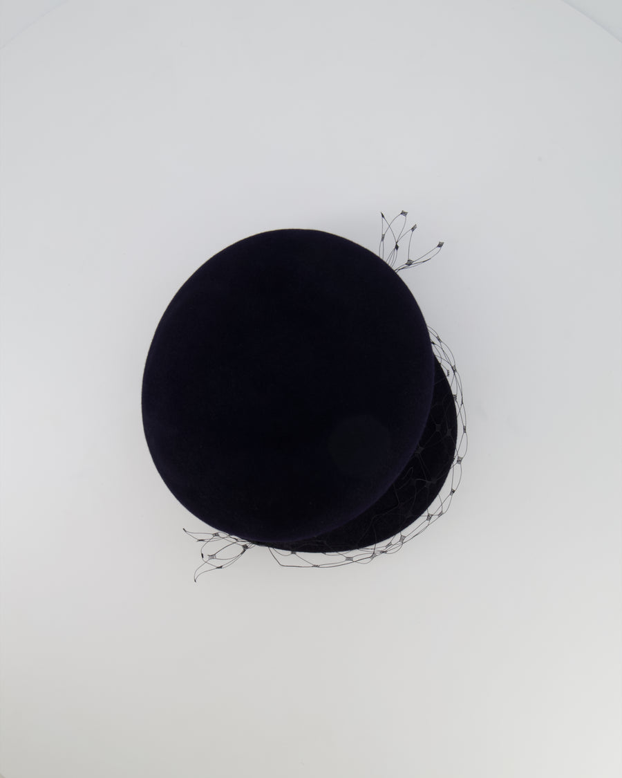 Christian Dior Navy Rabbit Hair Hat with Black Parisian Veil Detail Size 57