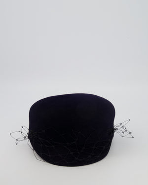 Christian Dior Navy Rabbit Hair Hat with Black Parisian Veil Detail Size 57