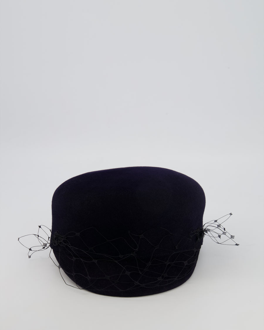 Christian Dior Navy Rabbit Hair Hat with Black Parisian Veil Detail Size 57