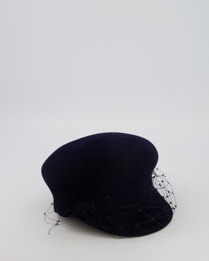 Christian Dior Navy Rabbit Hair Hat with Black Parisian Veil Detail Size 57