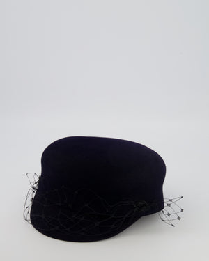Christian Dior Navy Rabbit Hair Hat with Black Parisian Veil Detail Size 57