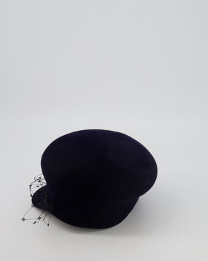 Christian Dior Navy Rabbit Hair Hat with Black Parisian Veil Detail Size 57
