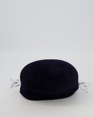Christian Dior Navy Rabbit Hair Hat with Black Parisian Veil Detail Size 57