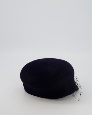 Christian Dior Navy Rabbit Hair Hat with Black Parisian Veil Detail Size 57