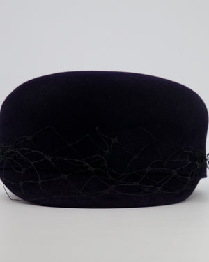 Christian Dior Navy Rabbit Hair Hat with Black Parisian Veil Detail Size 57