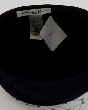 Christian Dior Navy Rabbit Hair Hat with Black Parisian Veil Detail Size 57
