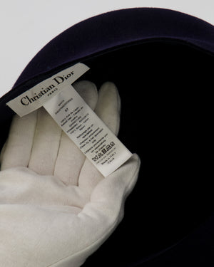 Christian Dior Navy Rabbit Hair Hat with Black Parisian Veil Detail Size 57