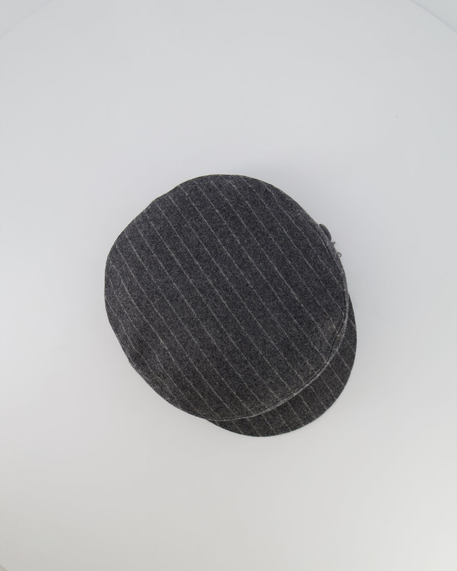 Chanel Paris-Hamburg Metiers d'Art Grey Wool Pinstripe Newsboy Hat with Tweed Band and Grey CC Logo Detail Size M