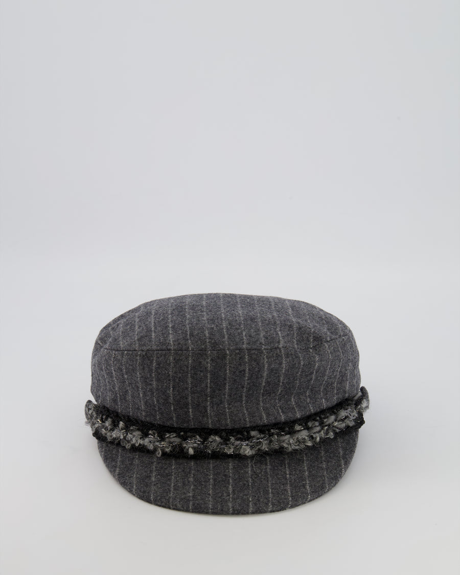 Chanel Paris-Hamburg Metiers d'Art Grey Wool Pinstripe Newsboy Hat with Tweed Band and Grey CC Logo Detail Size M