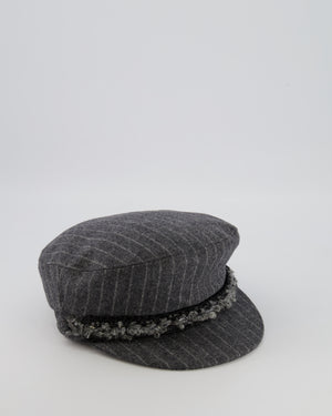 Chanel Paris-Hamburg Metiers d'Art Grey Wool Pinstripe Newsboy Hat with Tweed Band and Grey CC Logo Detail Size M