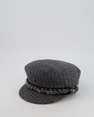 Chanel Paris-Hamburg Metiers d'Art Grey Wool Pinstripe Newsboy Hat with Tweed Band and Grey CC Logo Detail Size M