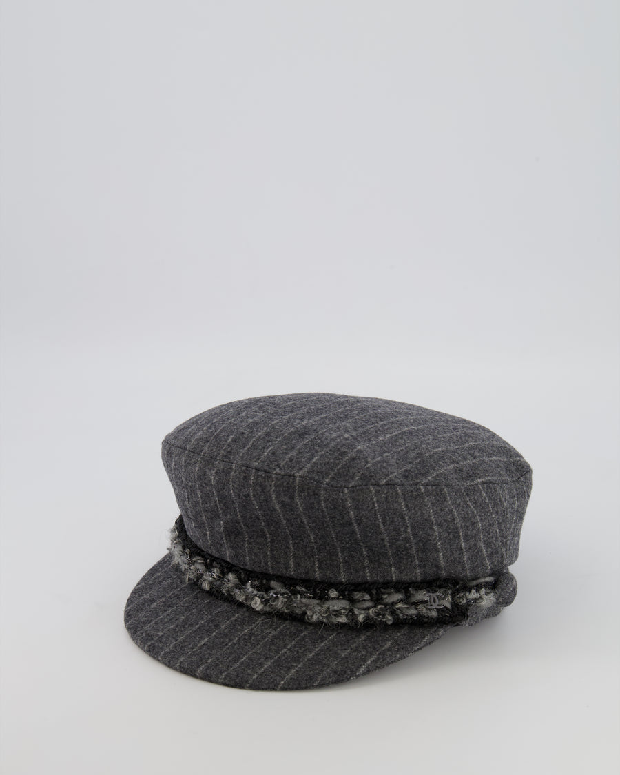 Chanel Paris-Hamburg Metiers d'Art Grey Wool Pinstripe Newsboy Hat with Tweed Band and Grey CC Logo Detail Size M
