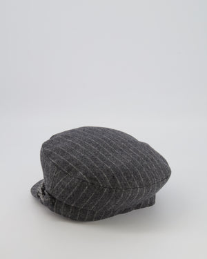 Chanel Paris-Hamburg Metiers d'Art Grey Wool Pinstripe Newsboy Hat with Tweed Band and Grey CC Logo Detail Size M
