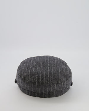 Chanel Paris-Hamburg Metiers d'Art Grey Wool Pinstripe Newsboy Hat with Tweed Band and Grey CC Logo Detail Size M