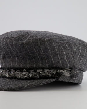 Chanel Paris-Hamburg Metiers d'Art Grey Wool Pinstripe Newsboy Hat with Tweed Band and Grey CC Logo Detail Size M