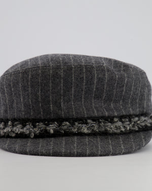 Chanel Paris-Hamburg Metiers d'Art Grey Wool Pinstripe Newsboy Hat with Tweed Band and Grey CC Logo Detail Size M