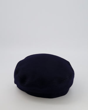 Chanel Paris-Hamburg Metiers d'Art Navy Wool Newsboy Hat with Tweed Band and Black CC Logo Detail Size M