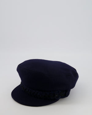 Chanel Paris-Hamburg Metiers d'Art Navy Wool Newsboy Hat with Tweed Band and Black CC Logo Detail Size M