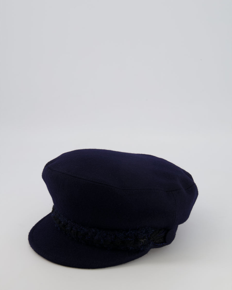 Chanel Paris-Hamburg Metiers d'Art Navy Wool Newsboy Hat with Tweed Band and Black CC Logo Detail Size M