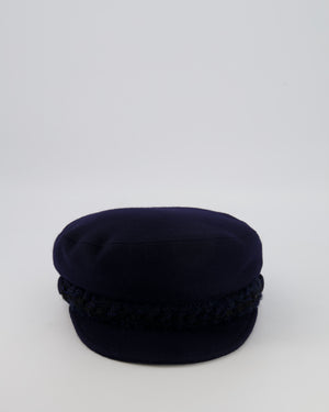 Chanel Paris-Hamburg Metiers d'Art Navy Wool Newsboy Hat with Tweed Band and Black CC Logo Detail Size M