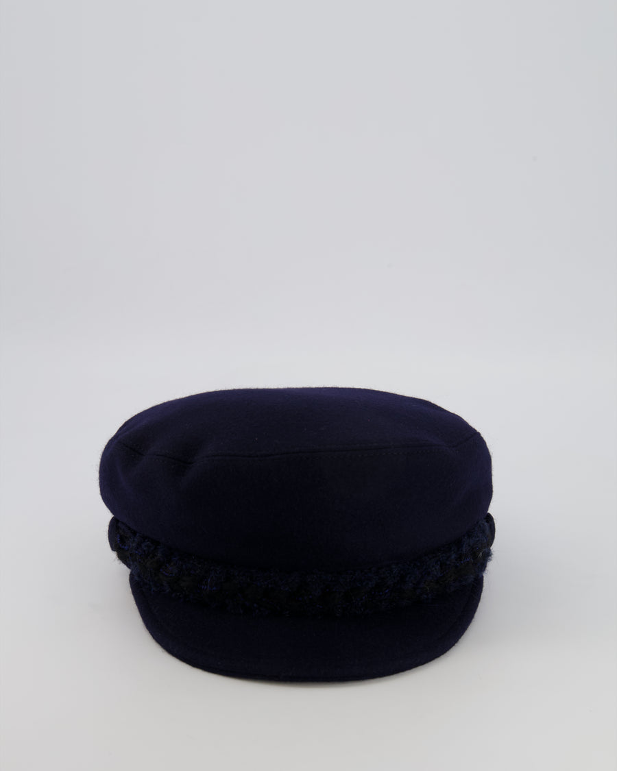 Chanel Paris-Hamburg Metiers d'Art Navy Wool Newsboy Hat with Tweed Band and Black CC Logo Detail Size M