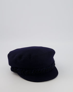 Chanel Paris-Hamburg Metiers d'Art Navy Wool Newsboy Hat with Tweed Band and Black CC Logo Detail Size M