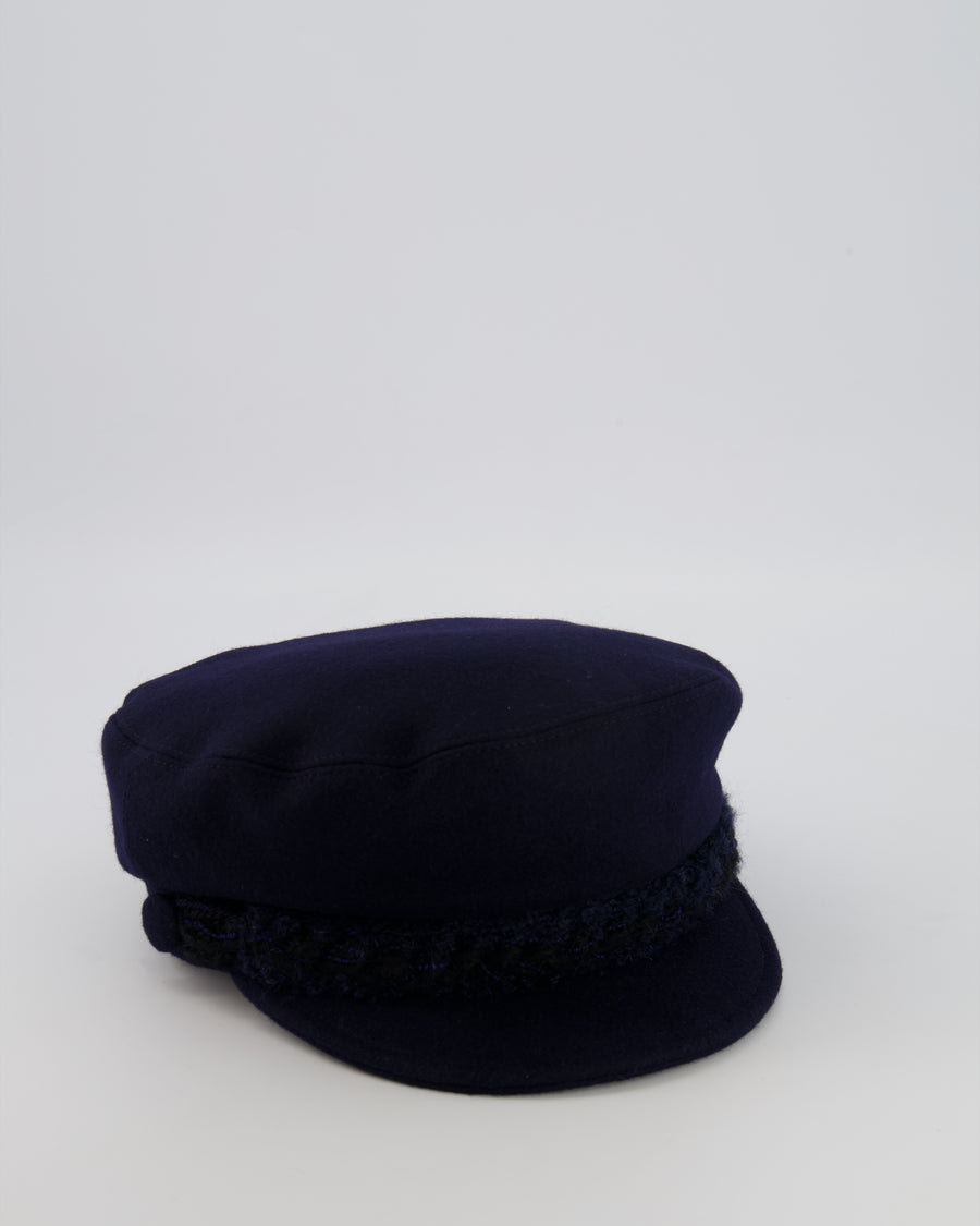 Chanel Paris-Hamburg Metiers d'Art Navy Wool Newsboy Hat with Tweed Band and Black CC Logo Detail Size M